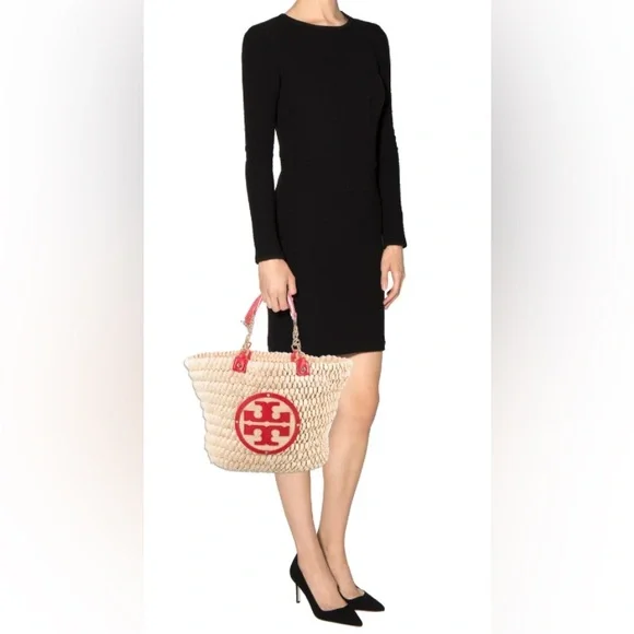 Tory Burch - EUC - Audrey Straw Woven Tote with Red Accents - Like New - Picture 2 of 13